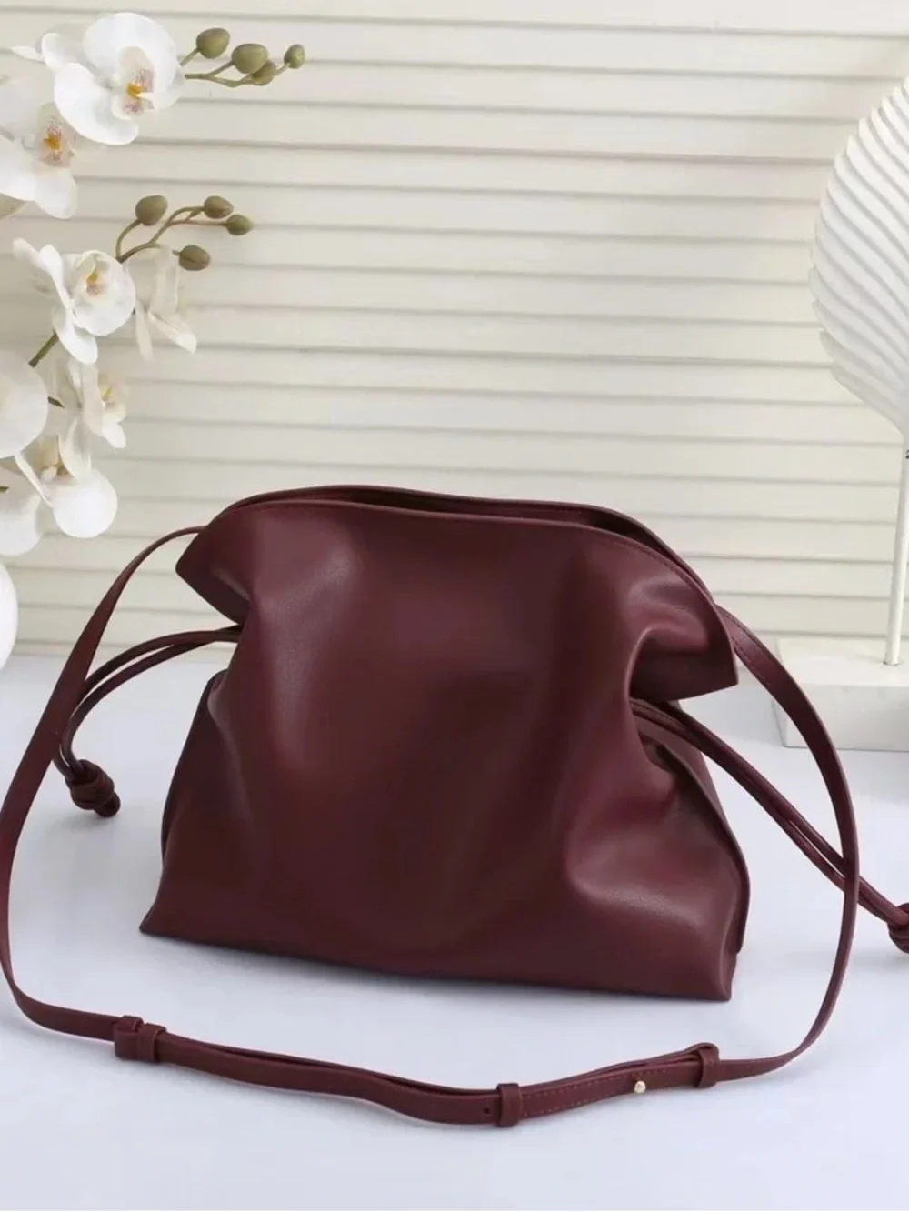 Loewe Burgundy Leather Tote with Knotted Side Straps
